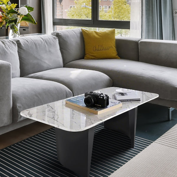 Modern 47" Rectangle Coffee Table, White Marble Top, Metal Matte Black Frame Home Decor by Sona Casa