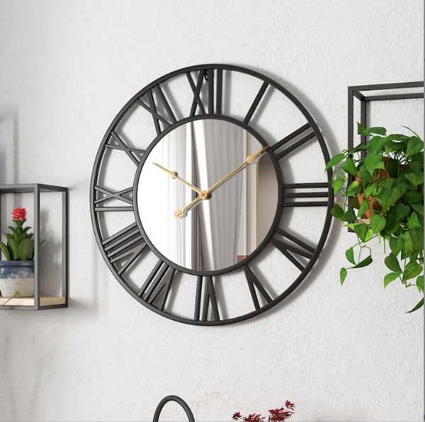 Large Black Wall Clock with Mirror, 24" Silent Roman Clock, Heavy Metal, Living Room Wall Decor-Sona Casa