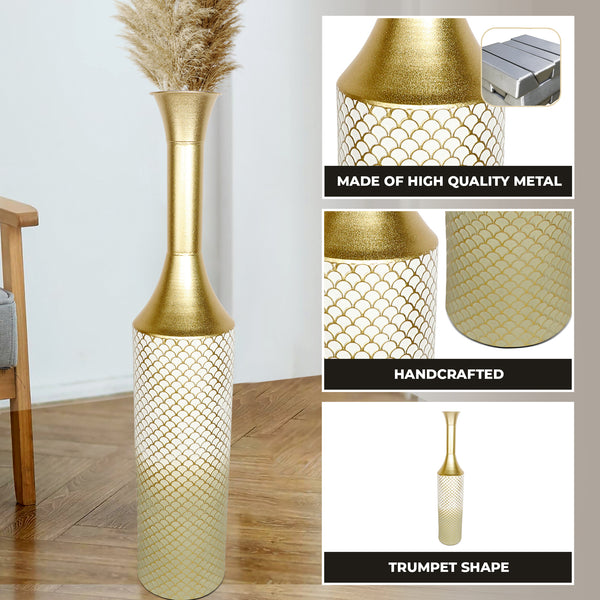 Modern Tall Floor Vase, Handmade Indoor Decor Metal 41" Gold Beige White by Sona Casa