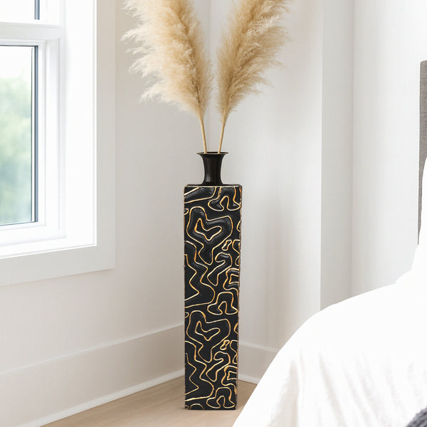 Decorative Tall Metal Floor Vase, Indoor Decor for Home or Office, 32" Handmade Black Gold Accent