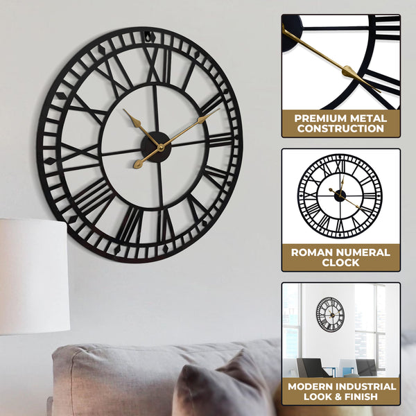 Oversized Round Metal Wall Clock, Large 32" Black Roman Numeral Silent Non Chime Clock, Home Office Decor-Sona Casa