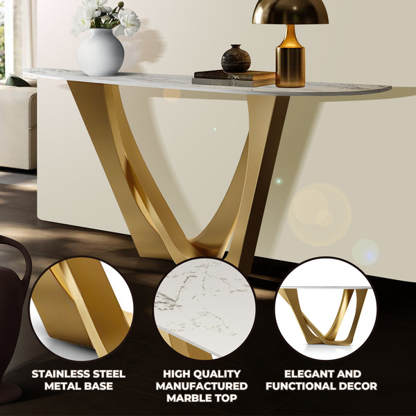 Modern 51" Golden Console Table, Premium White Marble Top Stainless Steel Metal Frame by Sona Casa