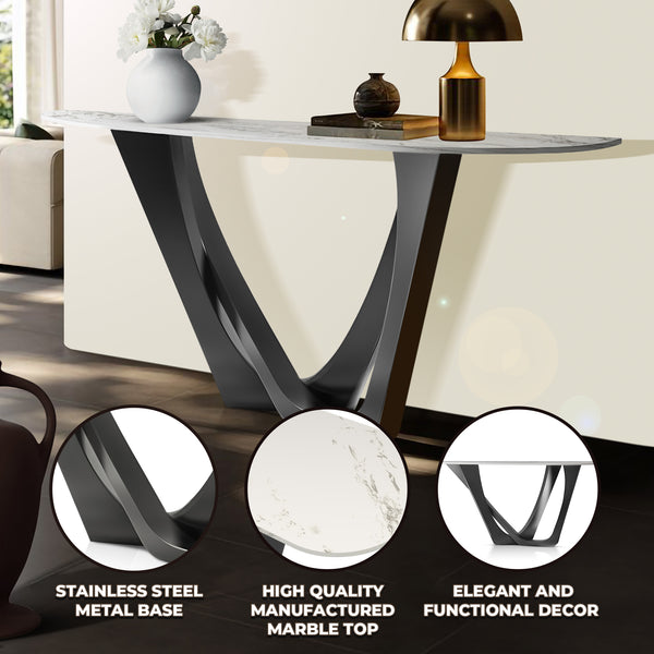 Modern 51" Console Table, High Quality White Marble Top, Stainless Steel Metal Matte Black by Sona Casa