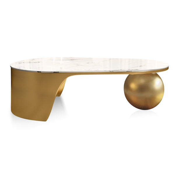 Designer 47" Golden Coffee Table, Ball Design Base, White Marble Top, Metal Frame, Home Decor by Sona Casa