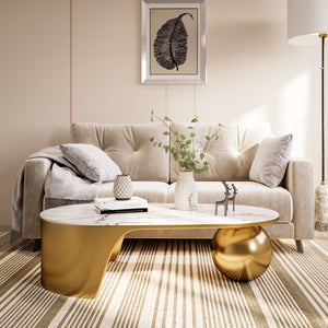 Designer 47" Golden Coffee Table, Ball Design Base, White Marble Top, Metal Frame, Home Decor by Sona Casa