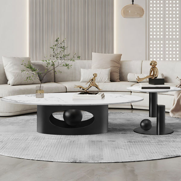 Modern Designer Oval Coffee Table Set 47" and 20", Marble Top, Metal Ball Base, Matte Black Frame, Home Decor by Sona Casa