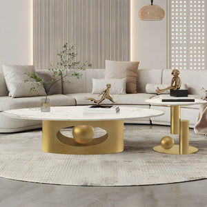 Modern Golden Oval Coffee Table Set 47" and 20", White Marble Surface, Metal Ball Base Design Home Decor by Sona Casa