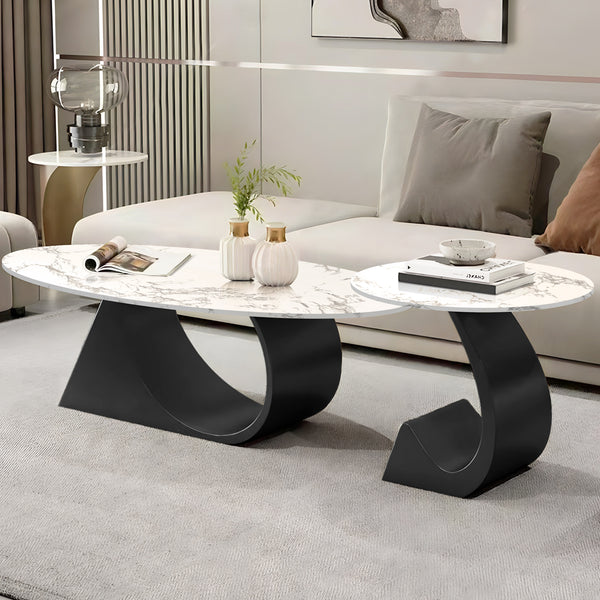 Modern Designer Oval Coffee Table Set 47" and 20" White Marble Top, Metal Matte Black Frame by Sona Casa
