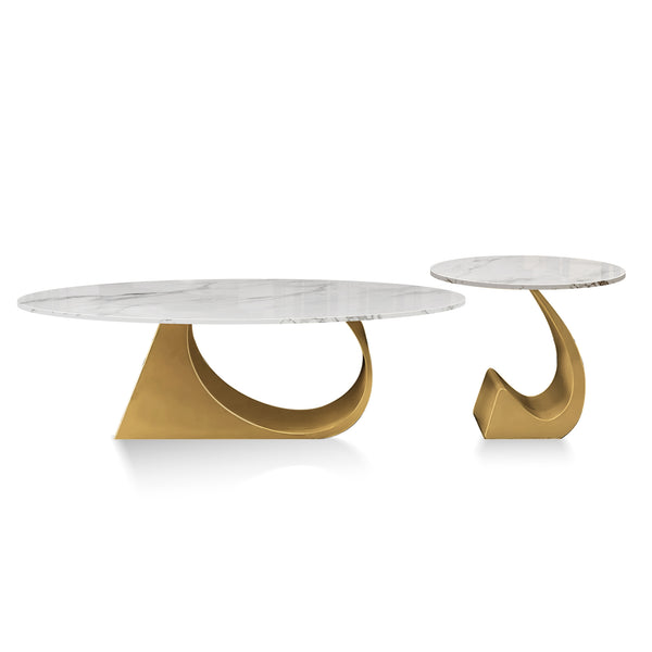 Modern Oval Coffee Table Set 47" and 20" White Marble Top, Metal Gold Frame by Sona Casa