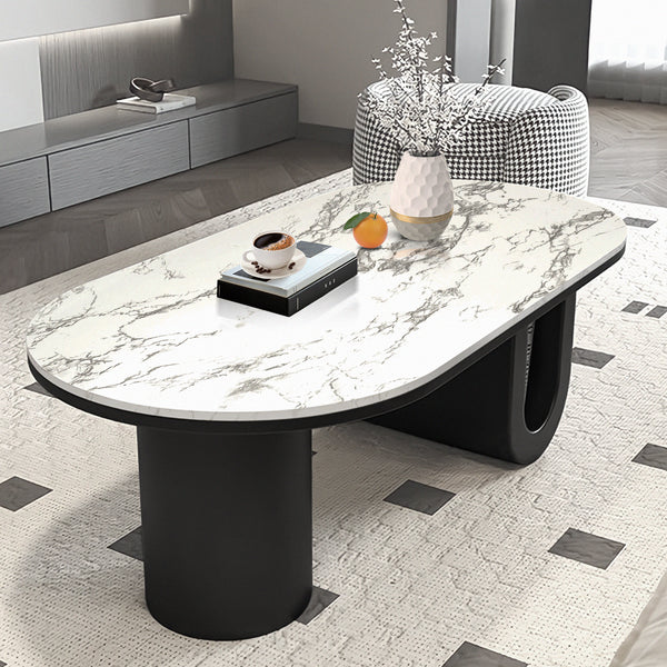 Designer Coffee Table 47" White Marble Top, Metal Blocks Matte Black Base by Sona Casa