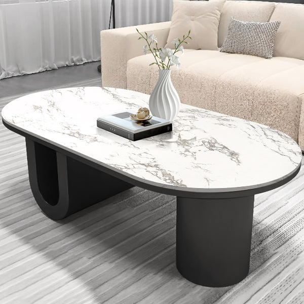 Designer Coffee Table 47" White Marble Top, Metal Blocks Matte Black Base by Sona Casa
