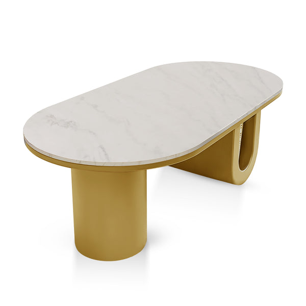 Designer Coffee Table 47" White Marble Top, Metal Blocks Gold Frame Home Decor Centerpiece by Sona Casa