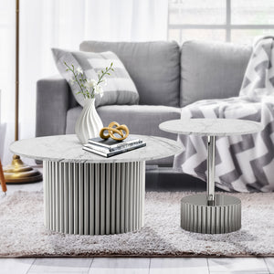 Modern Round Coffee Table Set 35" and 20" White Marble Top, Metal Silver Frame, Centerpiece by Sona Casa