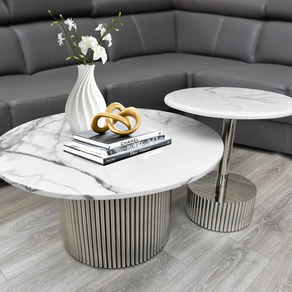 Modern Round Coffee Table Set 35" and 20" White Marble Top, Metal Silver Frame, Centerpiece by Sona Casa