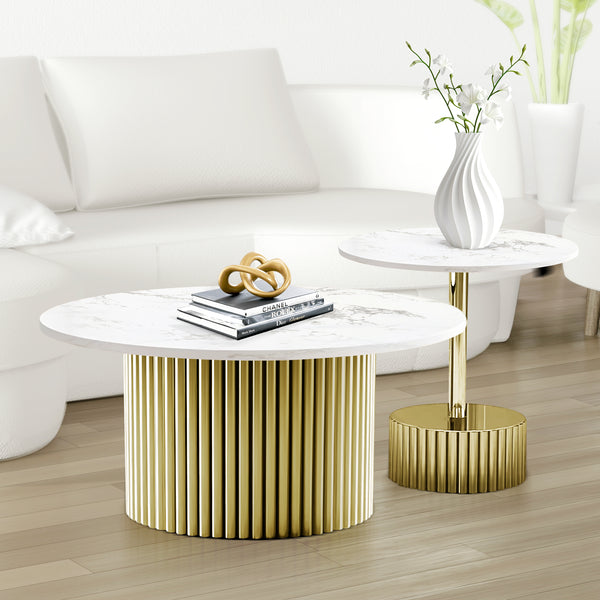 Modern Round Coffee Table Set 35" and 20" Centerpiece, Marble Surface, Metal Gold Frame by Sona Casa