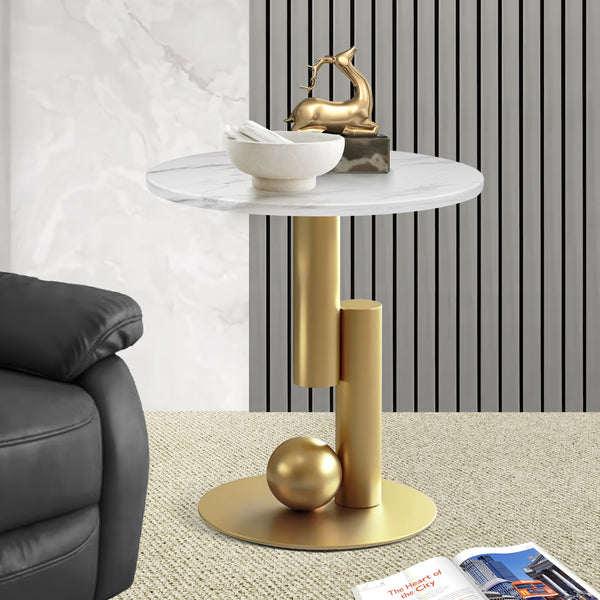 Modern Round Corner Table, 16" Marble Top, Gold Metal Frame, Side, Centerpiece, Home Accent by Sona Casa
