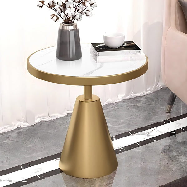 Modern Round Corner End Table, 16" Home Decor Accent, White Marble, Gold Metal Base by Sona Casa