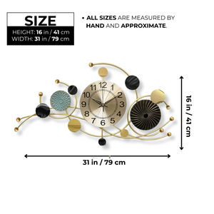 Gold Silent Wall Clock for Home or Office, 31" Wide Metal Battery Operated Clock, Modern Abstract Oversized Wall Decor by Sona Casa