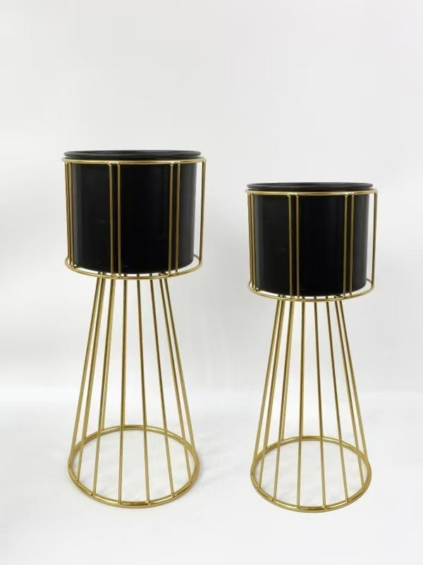 Contemporary Black & Gold Metal Planter Pair, Set of 2 Tall Indoor Plant Stands for Home Decor-Sona Casa