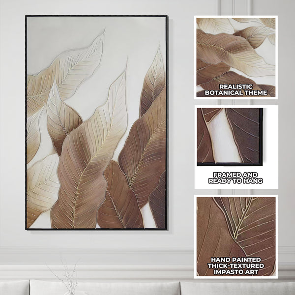 Botanical Wall Art, 47" Impasto Brown Textured Painting, Leaves Home Decor by Sona Casa