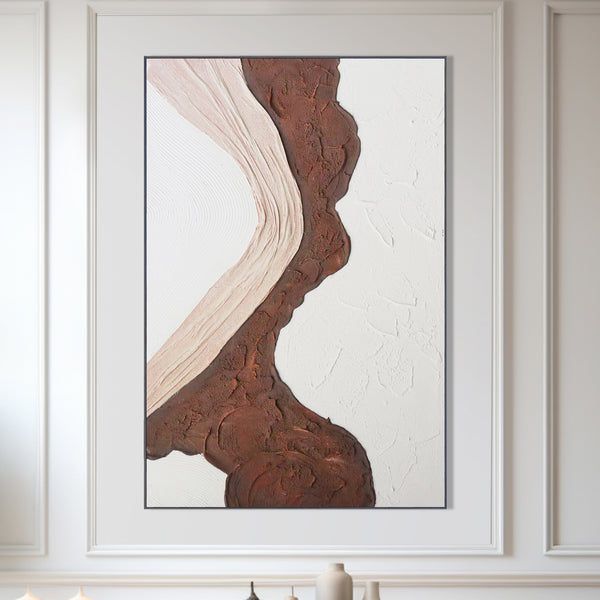 Handmade White Brown Textured Abstract Canvas Artwork 47" Home Office Wall Decor by Sona Casa