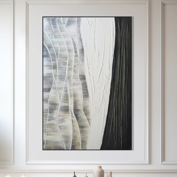 Gray Black Abstract Textured Impasto Painting, 47" Framed Wall Art Decor by Sona Casa