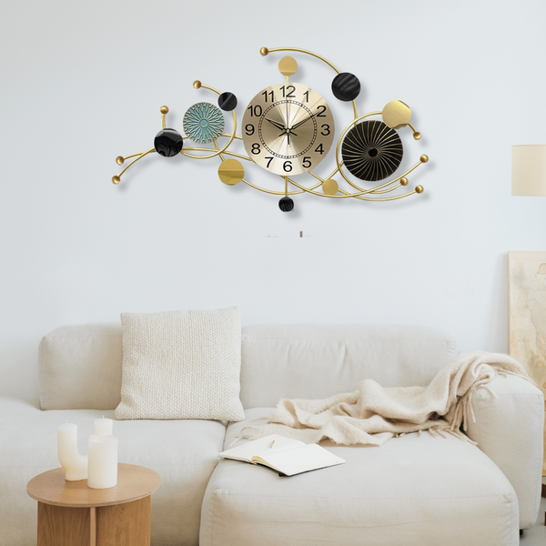Gold Silent Wall Clock for Home or Office, 31" Wide Metal Battery Operated Clock, Modern Abstract Oversized Wall Decor by Sona Casa