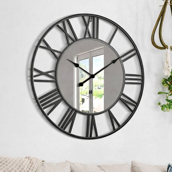 Large Black Wall Clock with Mirror, 24" Silent Roman Clock, Heavy Metal, Living Room Wall Decor-Sona Casa