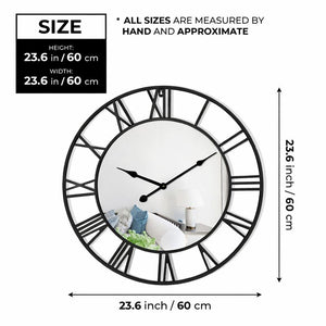 Large Black Wall Clock with Mirror, 24" Silent Roman Clock, Heavy Metal, Living Room Wall Decor-Sona Casa