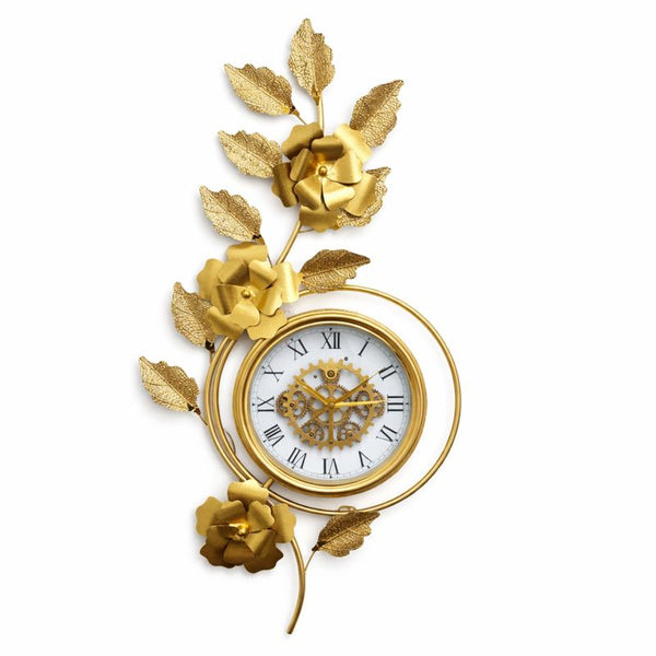 Large Gold Metal Wall Clock, Floral Botanical Silent Clock, 42 inch Vertical Horizontal Orientation-Sona Casa