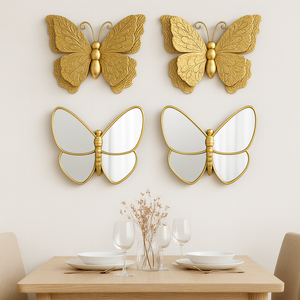 4 Piece Gold Butterfly Wall Decor Set, 3D Metallic Wall Sculpture & Mirrored Accents, Modern Glam Home Decor for Bedroom, Living Room, Nursery-Sona Casa
