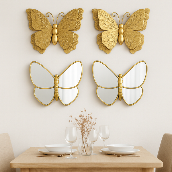4 Piece Gold Butterfly Wall Decor Set, 3D Metallic Wall Sculpture & Mirrored Accents, Modern Glam Home Decor for Bedroom, Living Room, Nursery-Sona Casa