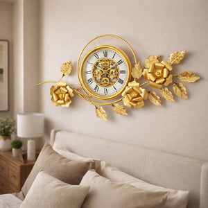 Large Gold Metal Wall Clock, Floral Botanical Silent Clock, 42 inch Vertical Horizontal Orientation-Sona Casa