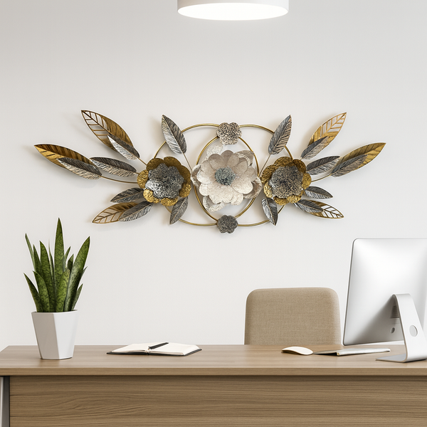 Large Gold Metal Wall Decor with Floral and Leaf Motif, 18 x 50 inch Elegant 3D Botanical Sculpture Home Office Decor-Sona Casa