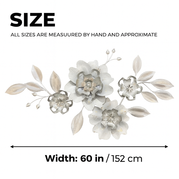Large Metal Wall Art, 1.5m 3D Floral Sculpture, Modern Silver Flower Wall Decor for Living Room, Bedroom & Entryway-Sona Casa