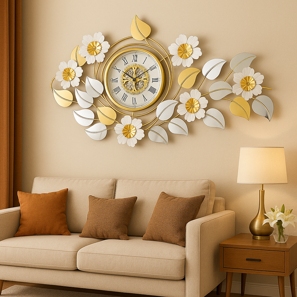 Large Elegant Wall Clock with Quartz Movement, Gold White Silver Floral Design Horizontal or Vertical Modern Decorative Home Accent Clock-Sona Casa