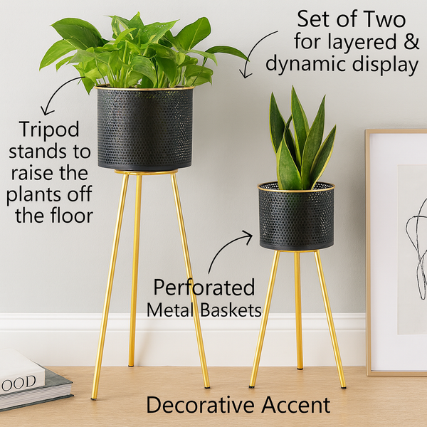 Modern Black Metal Plant Pot, Set of 2 Planters, Gold Tripod Stand, Indoor Outdoor Gift Decor for Home or Office-Sona Casa