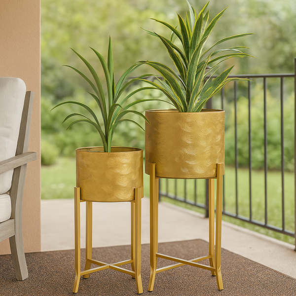 Rustic Gold Metal Pair of Planters with Detachable & Foldable Stand, Indoor Ornament for Fresh or Faux Plants Home Decor Gifts-Sona Casa