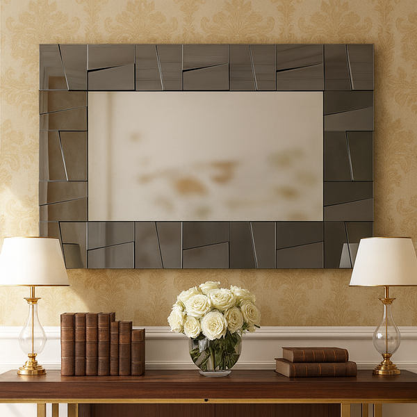 Extra Large 4 ft Grey Glass Mirror, Modern Block Design, Easy to Install Horizontal Vertical Orientation-Sona Casa
