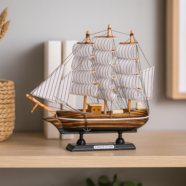 Brown Wooden Sailboat Model With Realistic Cloth Sails - Nautical Marine-Inspired Home Decor