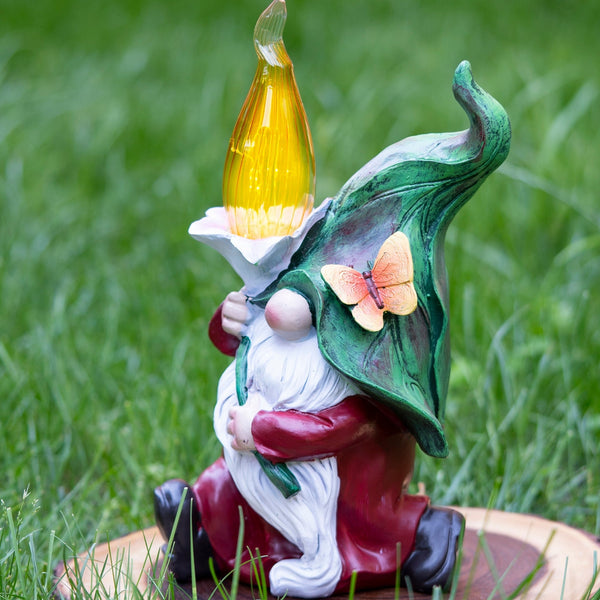 Polyresin Gnome Solar LED Torch Flame, 12" Garden Figurine Outdoor Decor by Sona Casa