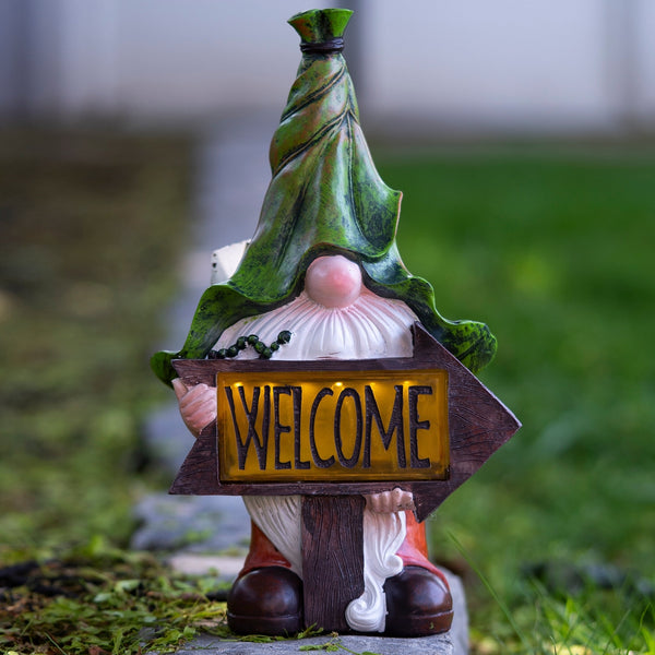 Green Leaf Hat Gnome Solar LED Light Statue, Funny Polyresin Garden Decor for Outdoor Spaces by Sona Casa