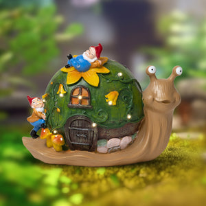 Solar Light Snail House With Gnomes, 9" Garden Patio Lawn Outdoor Decor by Sona Casa