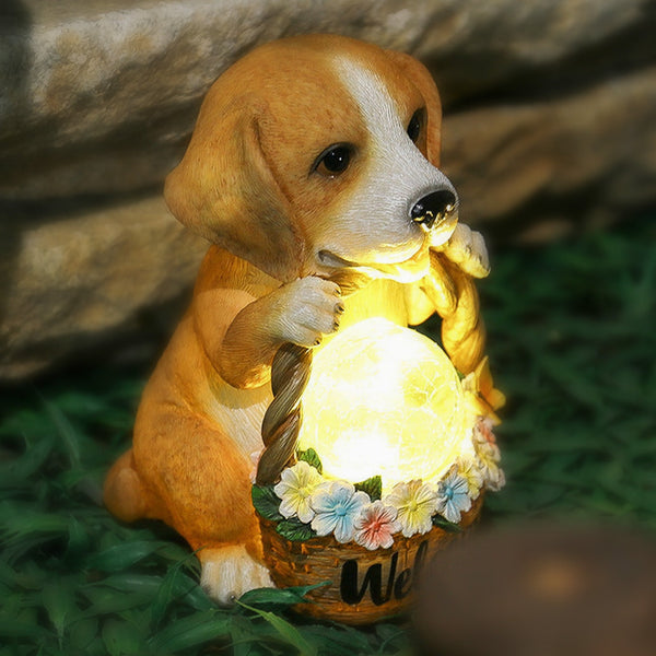 Brown Polyresin Dog Statue With Solar Garden Light And Welcome Basket by Sona Casa