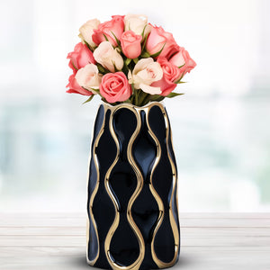 Black Ceramic Vase With Golden Trim , 10" and 8" Table Vase Centerpiece by Sona Casa