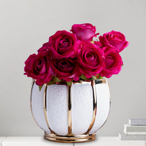 White Ceramic Bowl, Textured Bowl with Golden Stripes, Tabletop Decor Bowl, Fresh Flower Vase for Kitchen Countertop, Dining Table, Bathroom, Entryway, Corridor by Sona Casa