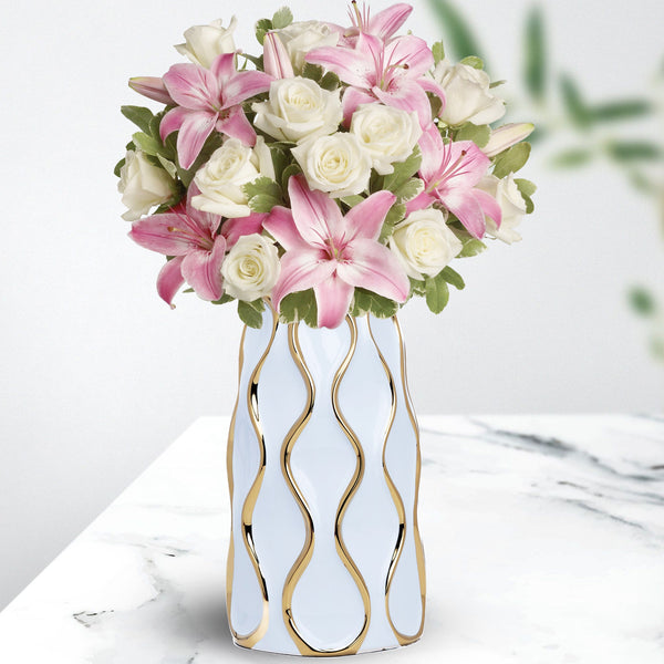 Elegant White Ceramic Flower Vase With Golden Trim - Perfect For Bouquets & Bohemian Decor, Ideal Centerpiece & Entryway Enhancer by Sona Casa