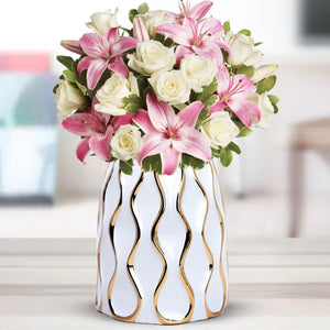 Elegant White Ceramic Flower Vase With Golden Trim - Perfect For Bouquets & Bohemian Decor, Ideal Centerpiece & Entryway Enhancer by Sona Casa
