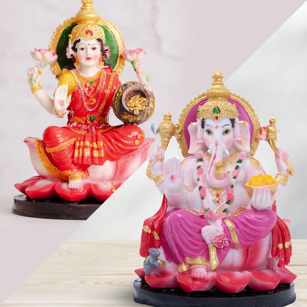 Divine Polyresin Multicolor Ganesh Lakshmi Statue Set - Ideal For Home Pooja Mandir Decor by Sona Casa