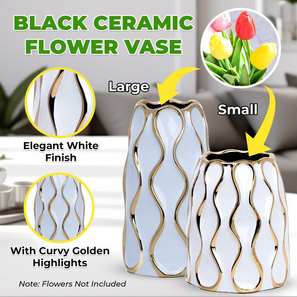 Elegant White Ceramic Flower Vase With Golden Trim - Perfect For Bouquets & Bohemian Decor, Ideal Centerpiece & Entryway Enhancer by Sona Casa